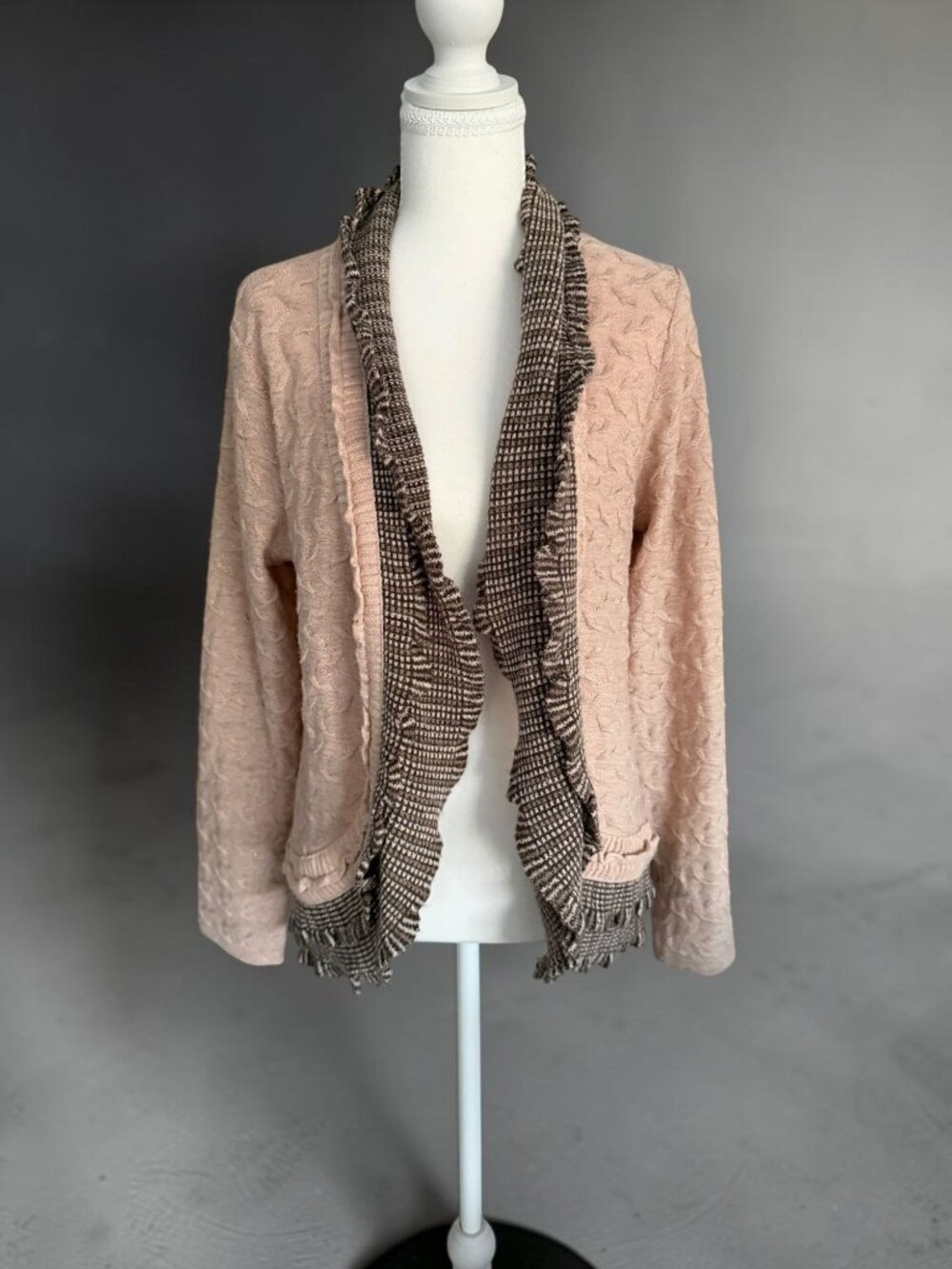 CHICOS Layered Beige Ruffle Cardigan Sweater Size 2 / Medium